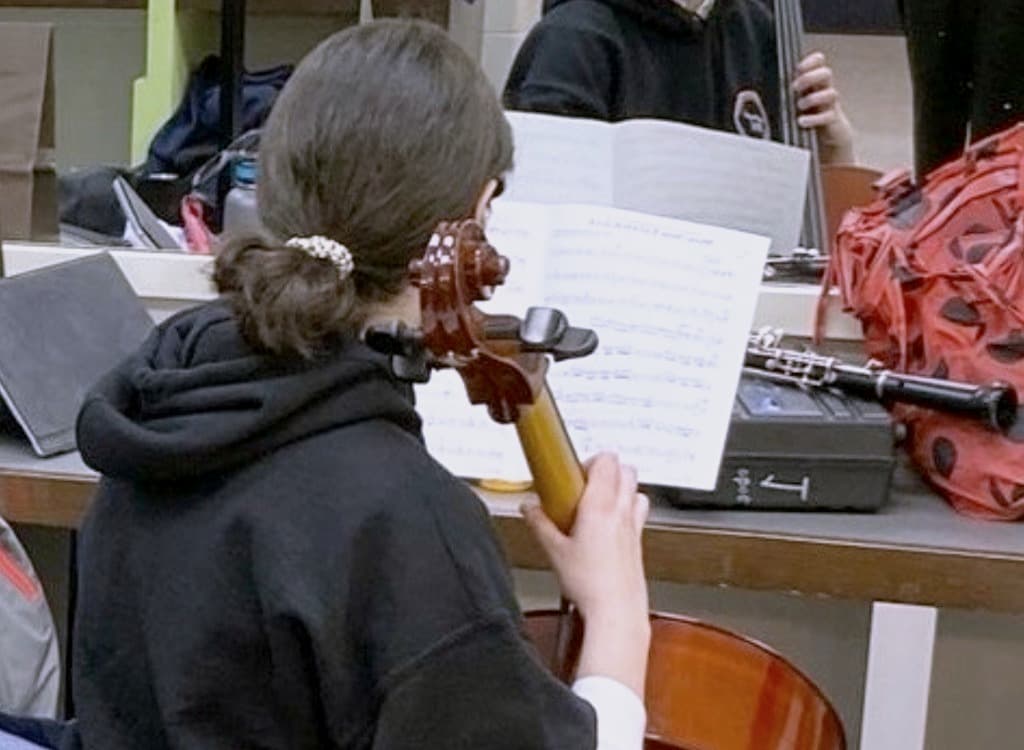 Dorsa playing cello from behind, her music open in front of her