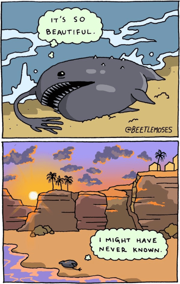 A Beetlemoses comic of an anglerfish seeing a beautiful sunset
